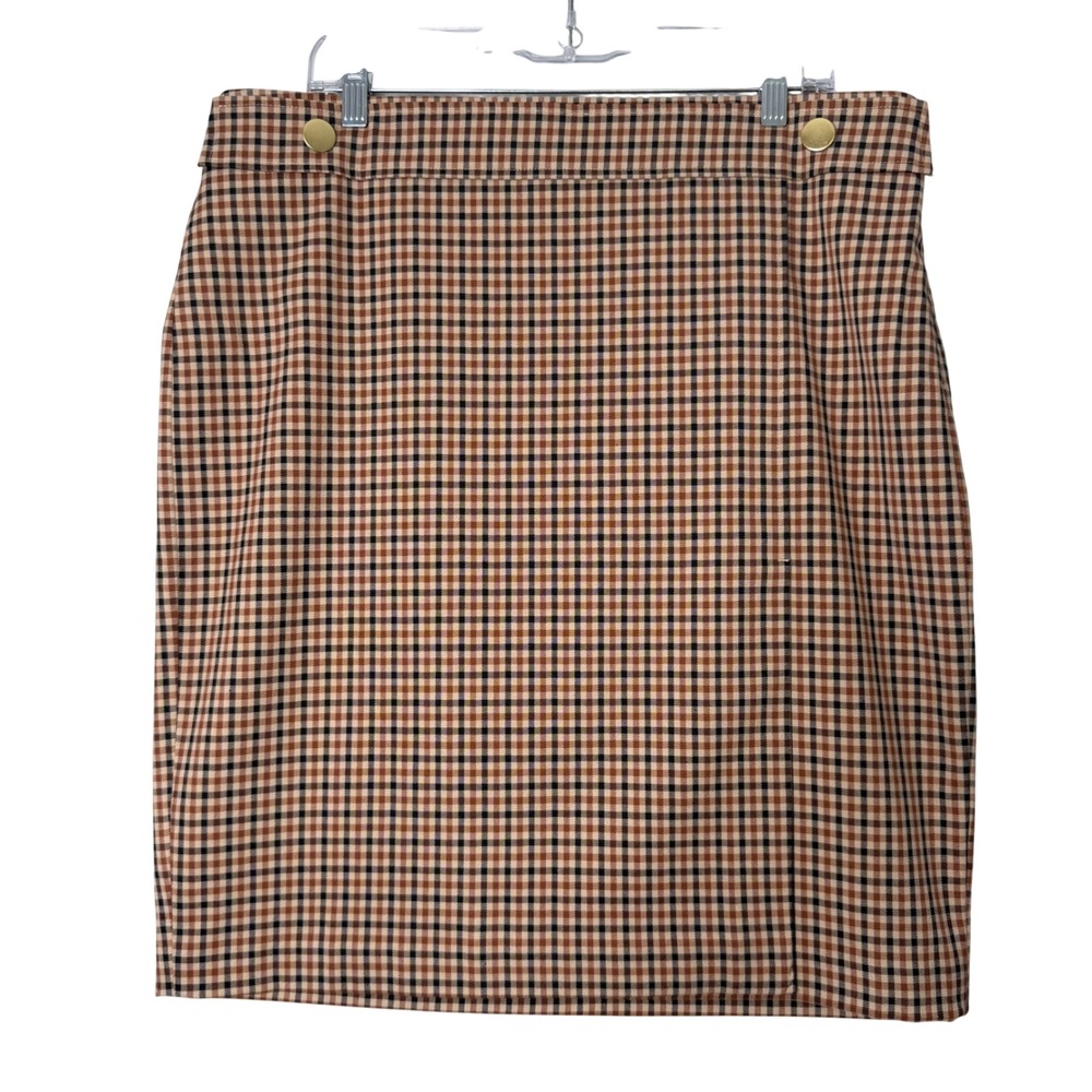 New Ann Taylor Factory Pencil Skirt Women 14 Brown Plaid Faux Wrap Career Preppy
